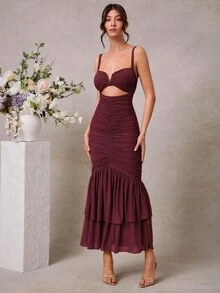 L'Amorae Váy suông xẻ tà đuôi cá xếp ly màu trơn gợi cảm cho nữ - Màu Đỏ Sâu - Xem 4