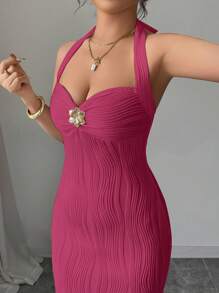 Elenzga Women's Elegant Solid Color Textured Fitted Halter Tie Maxi Fish Tail Dress