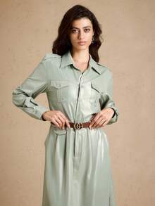 Briarwyn Sage Green Elegant Office Long Sleeve Maxi Shirt Dress,Autumn Fall Clothes For Women,Solid Color Extra Long Fashionable Commute Old Money Outfits - Green - View 5