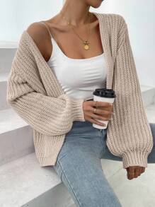 EMERY ROSE Women's Solid Color Drop Shoulder Long Sleeve Loose Casual Cardigan, Autumn/Winter Fall Cloth For Women - Apricot - View 4