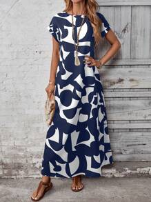 EMERY ROSE Women's Casual Dress With All-Over Print, Suitable For Vacation Navy Blue Maxi Dress Abstract Print Maxi Dress