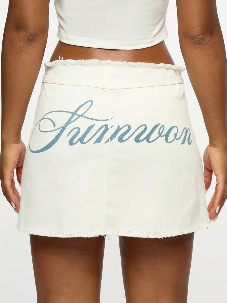 SUMWON WOMEN Raw Edge Mini Denim Skirt With Angel Print