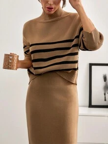 EURMUSE Damen-Set mit Streifenmuster, hohem Halsausschnitt, geripptem Detail, Pullover und Pulloverrock, Drop-Shoulder