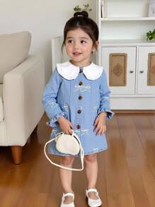 Mädchen/Kleinkinder/Babys modische, süße Schleifenprint Langarm Denim Kleid mit Knopfkragen, weich & bequem, locker geschnitten, geeignet für Outdoor-Tragen im Frühling und Herbst