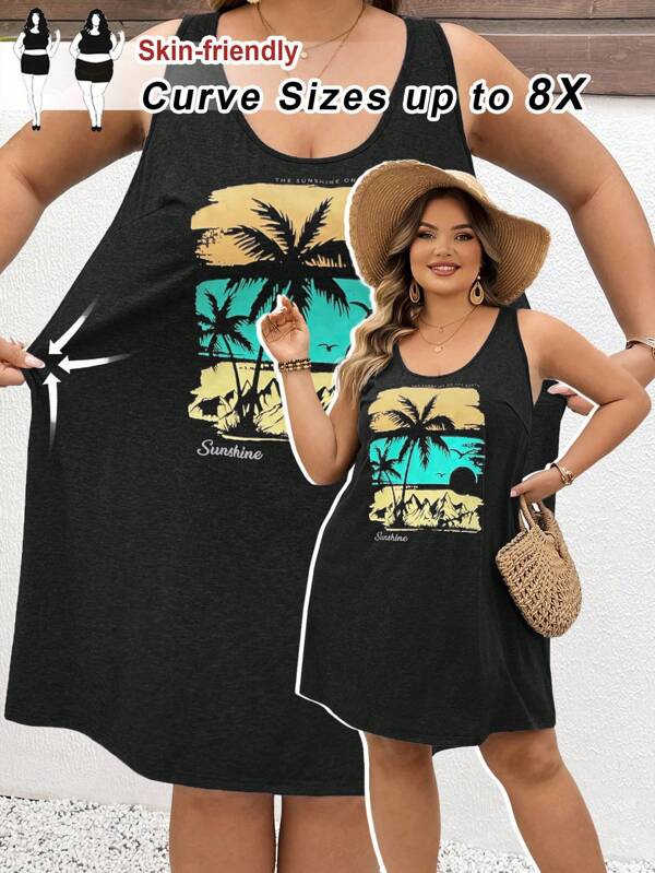 SHEIN CURVE+ Large Women's Casual & Minimalist Vacation Pattern Sleeveless Dress, Suitable For Spring/Summer Beach Holiday