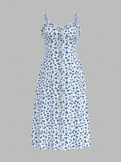 SHEIN MOD Plus Size Blue & White Ditsy Ditsy Floral Romantic Ruffle Hem Color Block Spaghetti Strap A-Line Maxi Dress, ,Dresses For Women Summer/Fall,Pastoral Retro,Birthday Women Casual Dress Midi Dress,Wedding Guest Dress Women,Birthday Dresses For Women,Suitable For Date, Birthday, Early Autumn,Wimbledon Style,Wimbledon Outfit