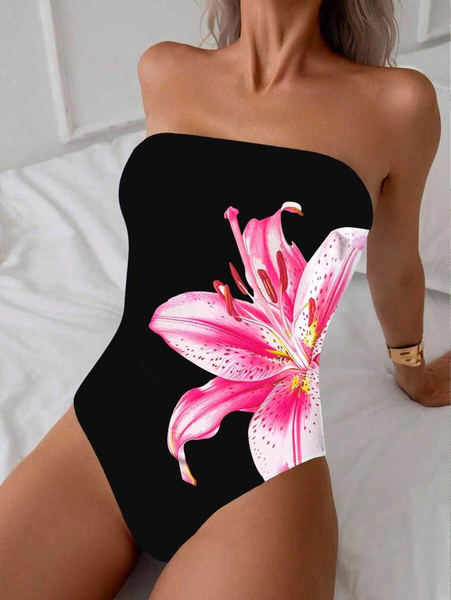 Women's Elegant One-Piece Sexy Bandeau Solid Color Swimsuit Summer - Black - View 1