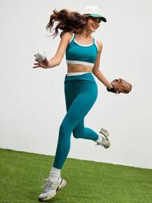 SHEIN Sports Women's Contrast Color Camisole And Twist Knot Pants Sports Suit Workout Sets - Green - View 2