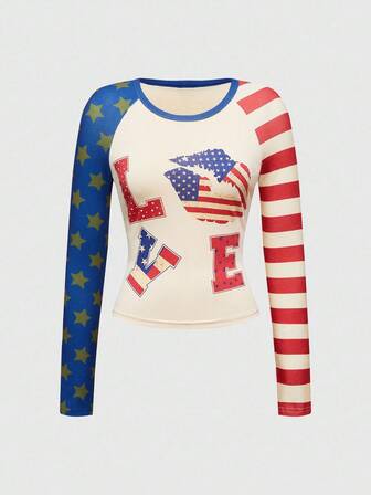 ROMWE Avant T-shirt da donna in stile retrò Y2K, con stampa a stelle e strisce della bandiera americana e rossetto, in stile strada americana