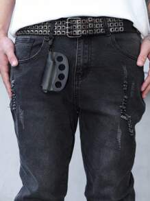 Manfinity EMRG 男士休闲日常水洗街头风格破洞喇叭牛仔裤破洞牛仔裤男士设计师牛仔裤男士哥特式牛仔裤黑色水洗牛仔裤，emo风格 - 黑色 - 查看 7