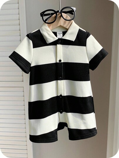 SHEIN Comfortable Casual Everyday Black & White Striped Short Sleeve Romper For Baby Boys & Girls, Suitable For Indoor, Outdoor, Daily, Sports, Play, Party, Photo Shoot, Vacation, Holiday, Spring/Summer