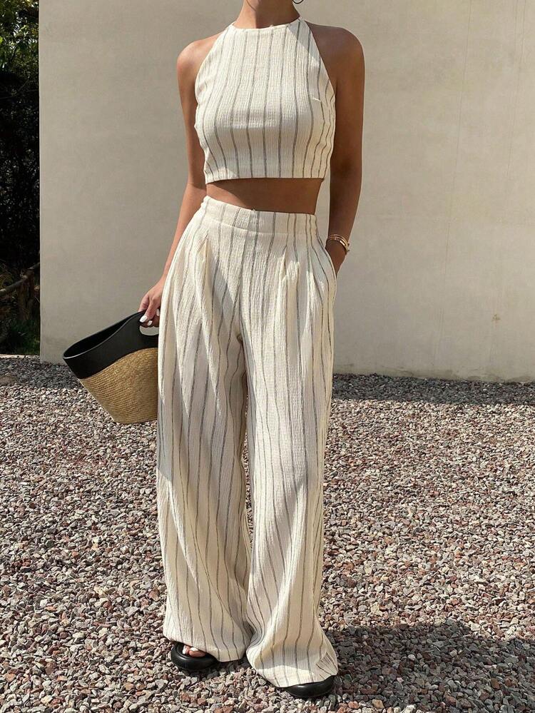 Women's Summer Vacation Casual Striped Halter Top And Pants 2 Pieces Set