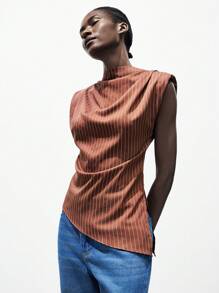 Lumivelle Women's Summer Commuter Striped Ruffle Asymmetrical Hem Blouse Maillard Style Summer Brown Clothes For University - Brown - View 5