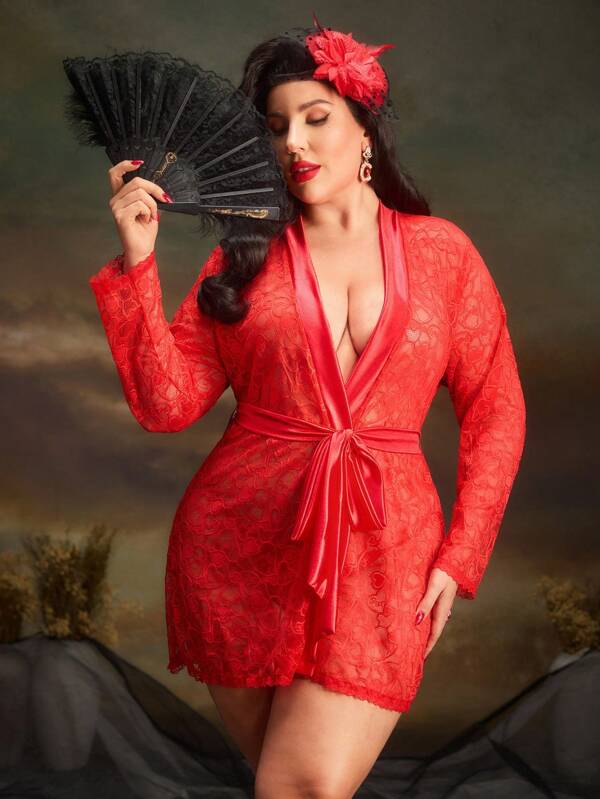 Seduluxe Conjunto de lencería sexy talla grande para el Día de San Valentín, bata roja + tanga, con estampado de corazones, de encaje transparente con parches