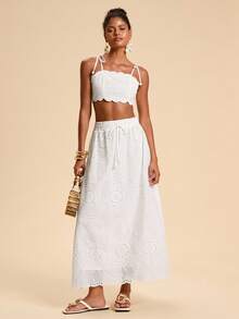 Travachic Damen-Set mit kurzem Camisole und Minirock mit bogenförmigem Saum und Stickerei, zweiteiliges Set für den Sommerurlaub, Damen-Rock-Set, weißes Ösen-Zweiteiler-Set, Ösen-Rock-Set, Urlaubs-Outfits für Damen, Sommer-Frühlings-Rock-Sets, zweiteiliges Rock-Set - Weiss - Übersicht 5