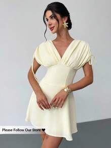 Firerie Robe élégante de vacances pour femmes à col en V sans manches, taille serrée et coupe évasée, pour des photos de remise des diplômes, beige