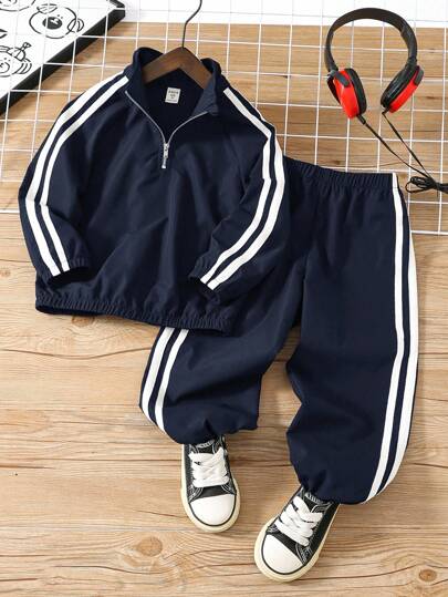 SHEIN 2 件套年轻男孩休闲插肩袖立领装饰丝带开合夹克和松紧腰裤套装
