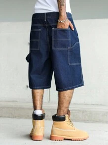 Manfinity Hypemode 男式休闲街头风格多口袋蓝色牛仔工装短裤 - 深色水洗藍 - 查看 6