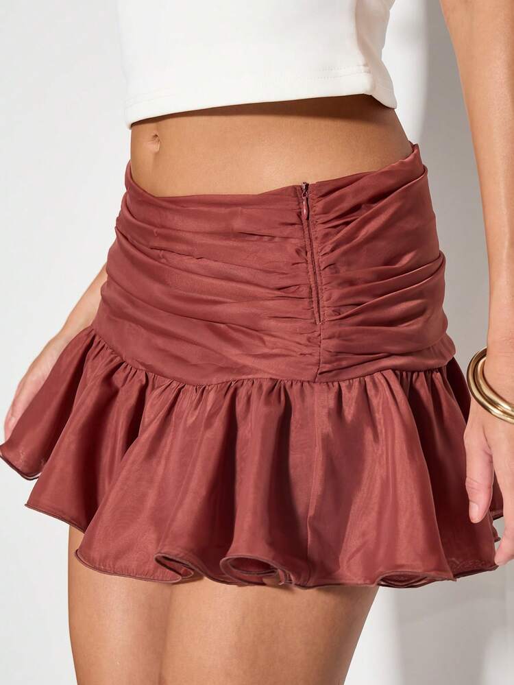 KIZN Minirock mit Organza-Rüschen-Saum, geraffter Taille, für Abendpartys, Clubs, Herbstmode, Festivals, besondere Anlässe