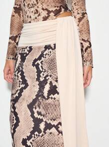 KIZN 蛇纹印花长袖两件套，褶皱腰带，及地长款，适合晚宴、婚礼宾客、秋冬季场合、夜店等场合穿着 - 彩色 - 查看 4