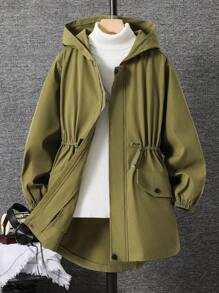 SHEIN Tween Boys' Casual Hooded Mid-Length Thick Woven Jacket, Suitable For School, Garden, Beach, Birthday, Spring, Summer, Autumn, Winter Kids' Back To School Children Place Boy My First Day Of School Boys Kids Boys Teen Boys First Day Of School Tween Boys Mommy And Me For Kids Winter Autumn Fall