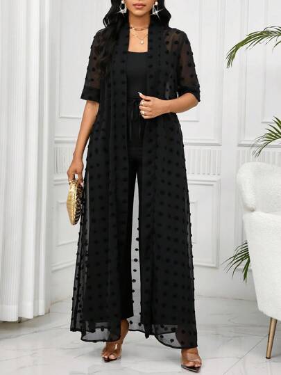 SHEIN Lady Black Chiffon Short Sleeve Cover Up Set Women's Elegant Solid Color Textured Long Coat  And Pants 2 Pieces Set  Fall Women Clothes