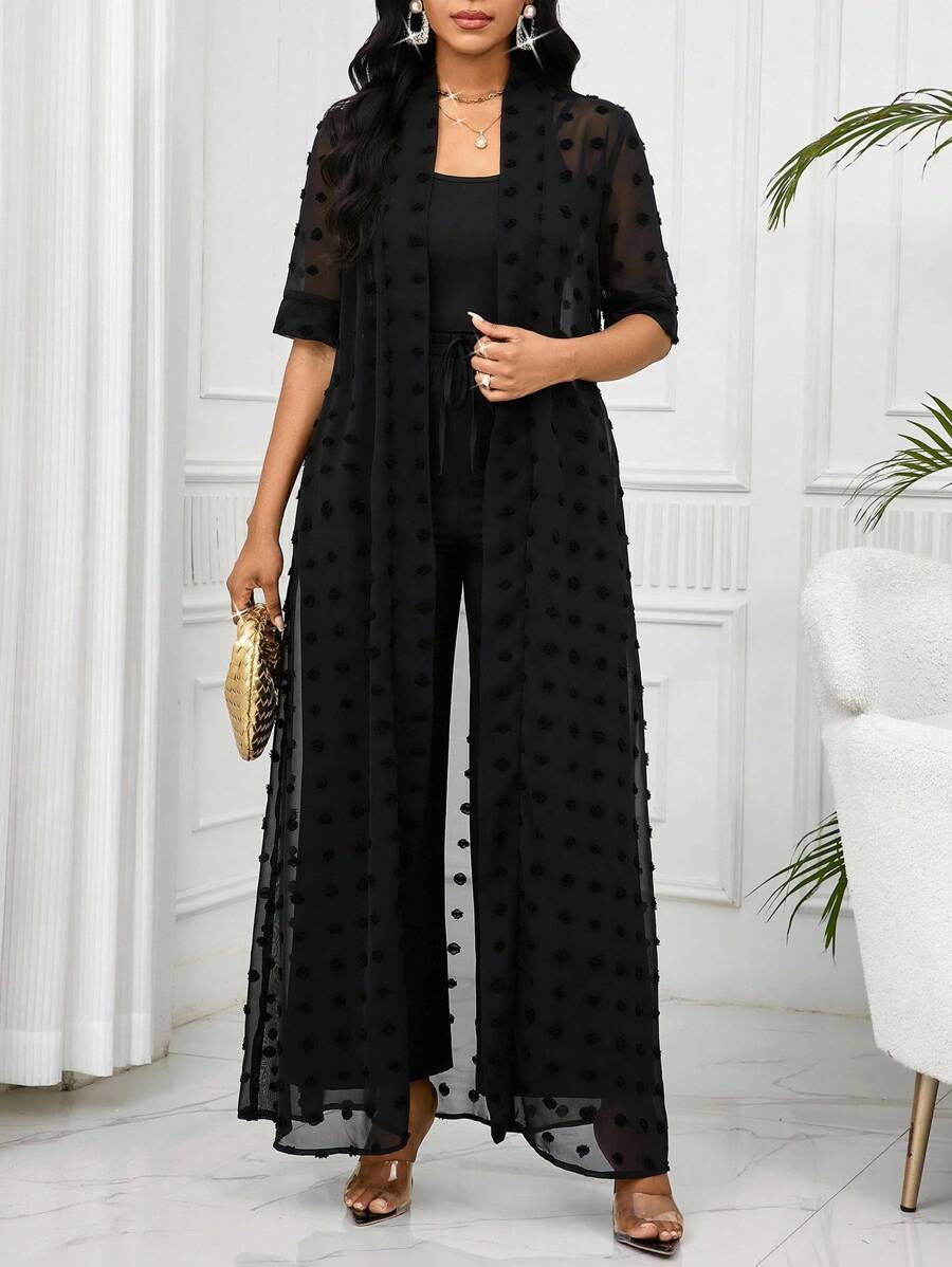 SHEIN Lady 女式优雅纯色纹理长款夹克和裤子两件套 - 黑色 - 查看 1