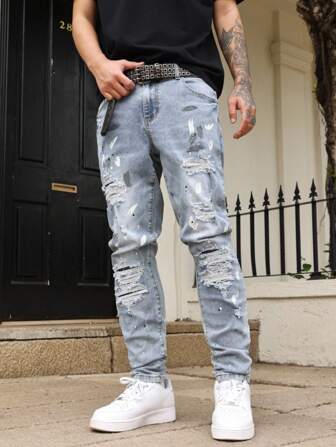 Manfinity LEGND Men's Pockets Distressed Casual Versatile Denim Jeans Men Streetwear Jeans Hang Out Going Out Party Vacation Street