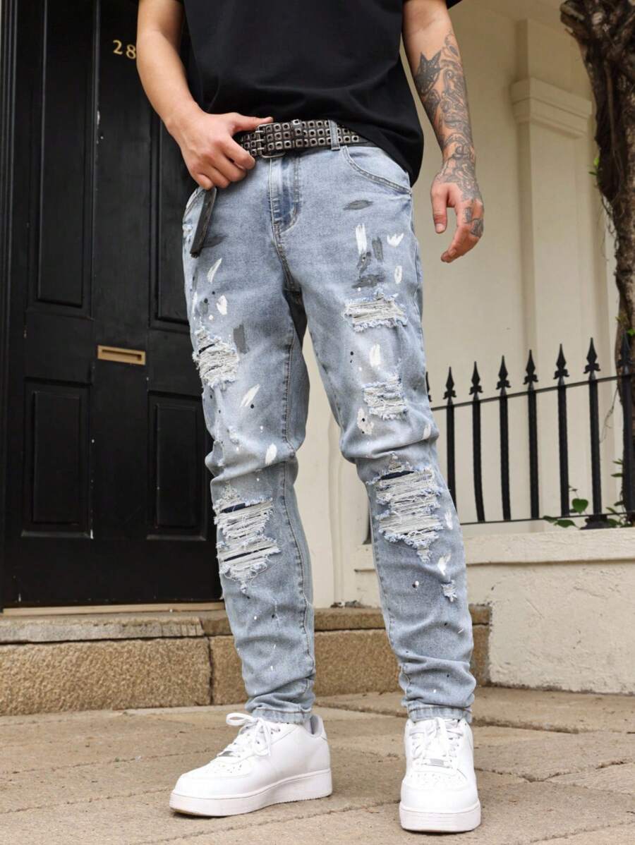 Manfinity LEGND 男士口袋破洞休闲百搭牛仔裤男士街头潮流牛仔裤外出聚会度假街头