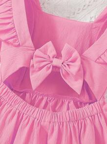 1pc Girls' New Ruffled Hem Solid Color Fashion Dress, Suitable For Party, Daily Wear, Beach, Street Photography, And Any Occasion - Pink - View 6