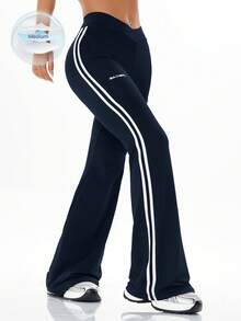 Coolane 女士条纹腰带交叉休闲紧身裤喇叭运动裤，夏季 - 藏蓝色 - 查看 1