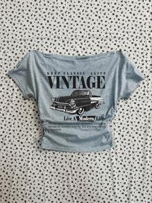 Attitoon 复古风格休闲女式露肩褶皱紧身短袖 T 恤，带有复古汽车和字母印花，适合夏季 - 淺灰色 - 查看 4