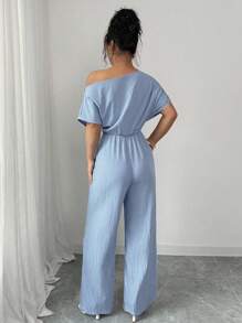 Elenzga Women's Casual Elegant Blue Vertical Striped Dual-Fabric Oblique Collar Shoulder Sleeve Short Sleeve Front Tie Design Long Wide Leg Jumpsuit, Spring/Summer