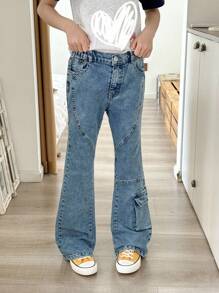 Tween Girls Y2K Style Vintage Washed Denim Jeans, Multi-Pocket Design, Fashion Flare Leg, Side Pocket Patchwork, Autumn New Arrival - Medium Wash - View 6