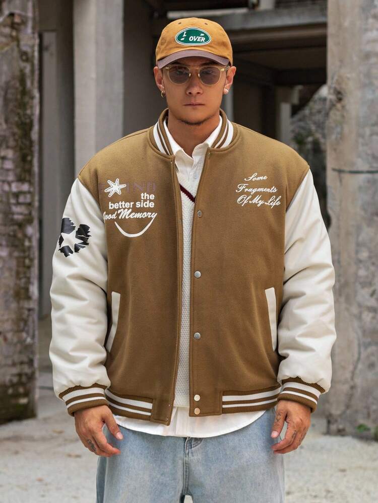 Men's Contrast Color Patchwork Baseball Collar Letter Print Thick Padded Coat, Summer