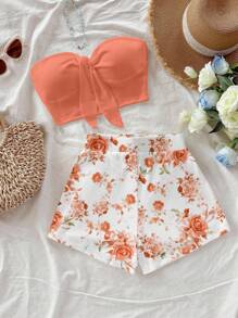 Soleia Portocaliu vintage cu model floral, stil vintage, casual, sexy, drăguț, Y2K, Coconutgirl, Boho, festival de muzică, potrivit pentru vară, femei, set de 2 piese, ținute de vacanță, femeie, set de 2 piese floral, set de două piese - Multicolor - Vizualizare 4