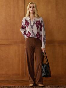 Écloséra Áo len nữ tay dài cổ polo dáng rộng kiểu Pháp cổ điển, phối màu kẻ caro hình thoi, thiết kế jacquard cài nửa khuy, màu kaki, be, đỏ tía, thích hợp cho mùa thu/đông, đi làm, công sở, giáo viên, tựu trường, mùa thu, phong cách công sở thường ngày, áo len dệt kim mùa thu kiểu quý tộc, thích hợp cho Giáng sinh. - Màu Khaki - Xem 4