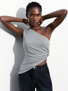 Maija Women Asymmetrical Hem Metal Decor Sleeveless Bodycon Crop Top, Versatile Stylish Chic Design, Pale Yellow Old Money,Going Out Tops Women - Grey - View 6