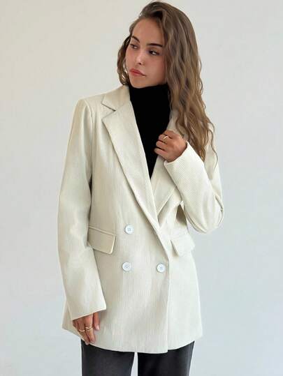 Aloruh Nueva chaqueta de traje de pana color albaricoque de doble botonadura con solapa y bolsillo, versátil para otoño/invierno