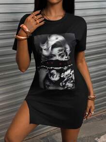 Rovax 女士圓領印花休閒高開衩短袖夏季中長款連衣裙 - 黑色 - 查看 3