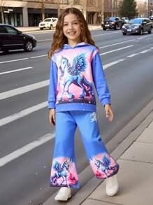 Conjunto de 2 piezas de sudadera con capucha casual con estampado de unicornio y pantalones acampanados con efecto de mezclilla para niña, de moda para uso diario en otoño e invierno - Azul - Ver 1