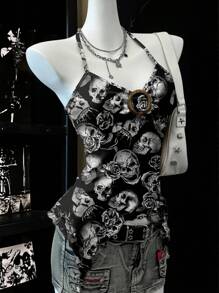 Attitoon 女式休闲复古褶饰胸围圆形装饰不对称下摆紧身吊带背心，适合夏季，复古，骷髅印花，Y2K 风格 - 彩色 - 查看 1