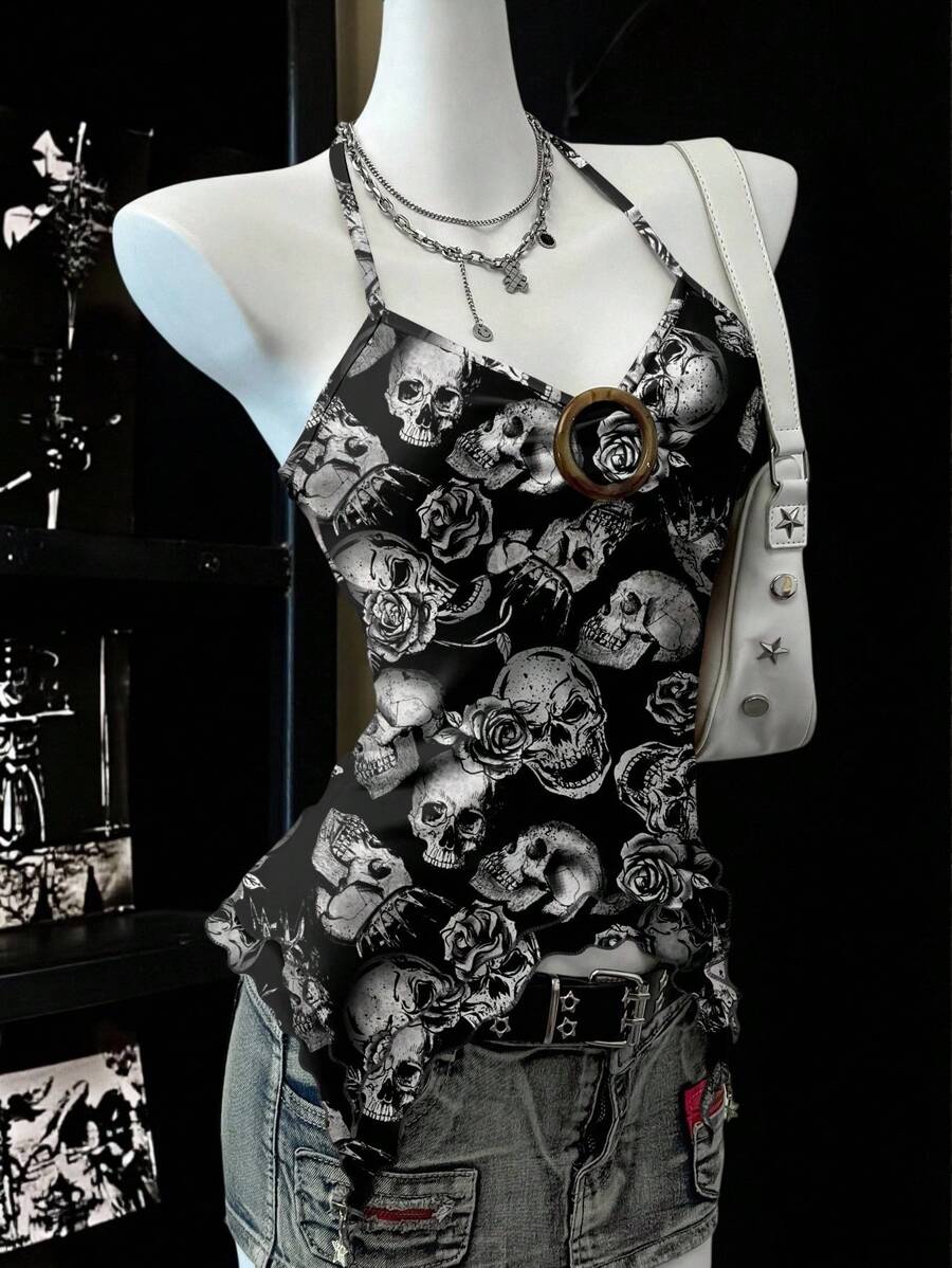 Attitoon 女式休闲复古褶饰胸围圆形装饰不对称下摆紧身吊带背心，适合夏季，复古，骷髅印花，Y2K 风格 - 彩色 - 查看 1