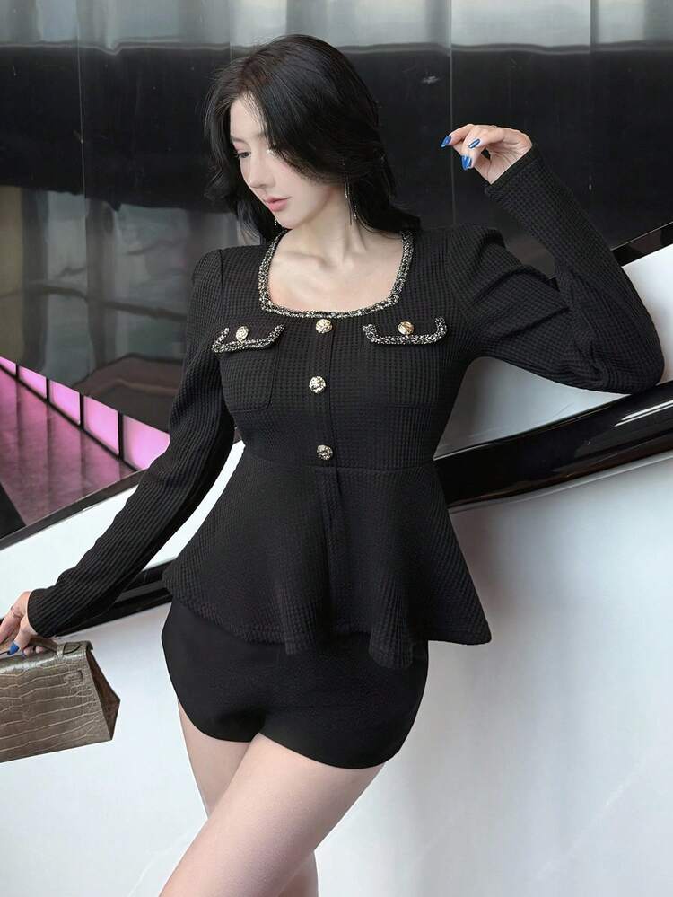 Women's Lace Patchwork Fitted Square Neck Metal Button Cuff Flared Hem Elegant Long Sleeve Top, Autumn/Winter,Fall Women Clothes