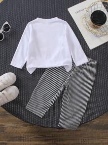 SHEIN 2 Stücke Baby Jungen Akademie Besticktes Bleistift Muster Weiß Gestricktes Langarm T-Shirt und gestreifter Lässig Webware Hosen Set, vielseitig für Schule, Alltag, Ausflüge, Urlaub, Reisen, Entspannung, Sonnenbaden, Herbst, Outdoor Sport und Lässig Outfit Baby Jungen Kleidung Herbst Kleidung Baby Jungen Sets Jungen Kleidung für Baby Herbst Baby Herbst Kleidung Set Premium Baby Kleidung Outfits für Baby Jungen Baby Jungen Kleidung Kinderbekleidung Jungen Kleidung Winter - Verschiedenfarbig - Übersicht 2