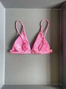 SHEIN Swim All-Over Print Spaghetti Strap Backless Bikini Top (Print Varies) For Summer Beach Vacation - Pink - View 2