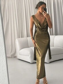 Aloruh 女士低胸连衣裙，金属光泽面料，优雅性感派对连衣裙，扭结和飘逸腰带装饰 万圣节 万圣节服装 秋季女装 万圣节服装 女士优雅派对连衣裙 女士优雅秋季连衣裙 女士生日服装 哥特万圣节服装 女士优雅连衣裙 女士超长连衣裙 俱乐部服装 女士性感金色长裙露背连衣裙 - 金色 - 查看 7
