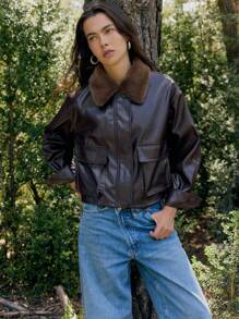 Nöista Women's Fashion Commuter Fur Collar Cropped Jacket - Coffee Brown - View 10