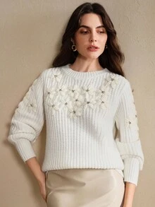 Anewsta New Autumn/Winter Solid Color Knitted Sweater, Handmade Fashion 3D Crochet Design Loose Long Sleeve Pullover For Women - White - View 5