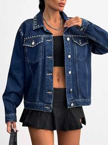 SHEIN Cottnline جاكيت جينز بتفاصيل مسامير بقصة ضيقة منتظمة - أزرق داكن - مشاهدة 3